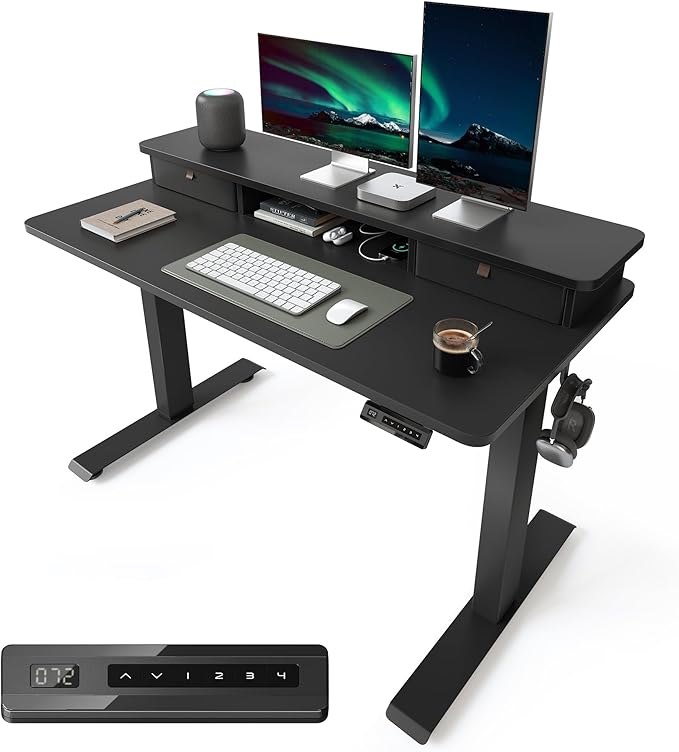Cubiker 48 x 24 Electric Standing Desk with Double Storage Drawers Height Adjustable Home Office Computer Workstation 4 Adjustable Feet &amp 2 Hooks Black