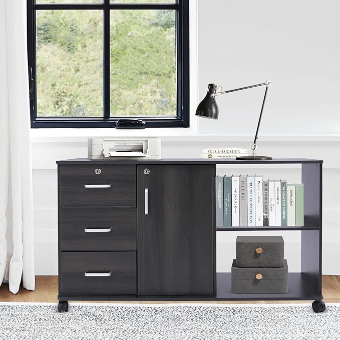3-Drawer Mobile Lateral Filing Cabinet Rolling Printer Stand with Wheel 39.4 × 13.4 × 23.2in Locking File Cabinet with Charging Station for Home OfficeBlack