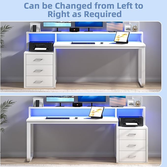 67'' White Desk with Drawers Computer Desk with Printer Shelf Home Office Desk with Moniter Stand and LED Lights White