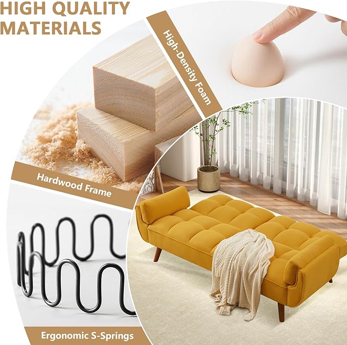 75 Convertible Futon Sofa Bed Sleeper Couch Bed with Adjustable Backrest Small Couches for Small Spaces Living Room Bedroom and Office (Yello)