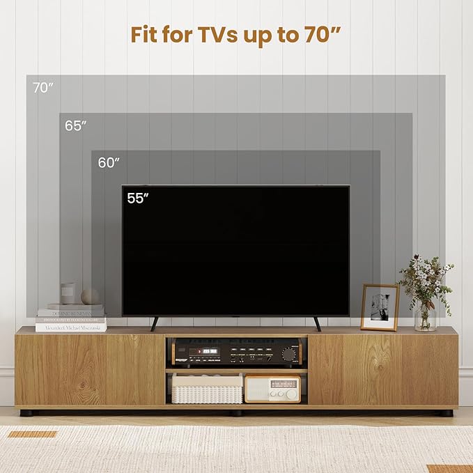 Tangkula Modern TV Stand for up to 70” TVs 63”L Minimalist Entertainment Center w/ 2 Doors &amp Open Shelves Media Console Table Storage Cabinet with 6 Support Feet for Living Room (Natural 63”L)