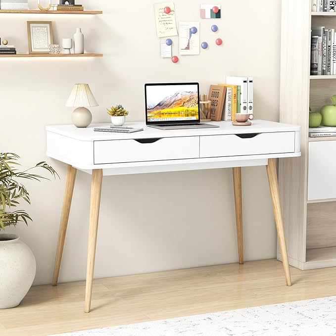 Giantex Mid-Century Desk with 2 Drawers 43.5 Writing Study Desk with Solid Rubber Wood Legs Home Office Computer Workstation PC Laptop Desk Modern Makeup Vanity Table for Bedroom (White &amp Natu