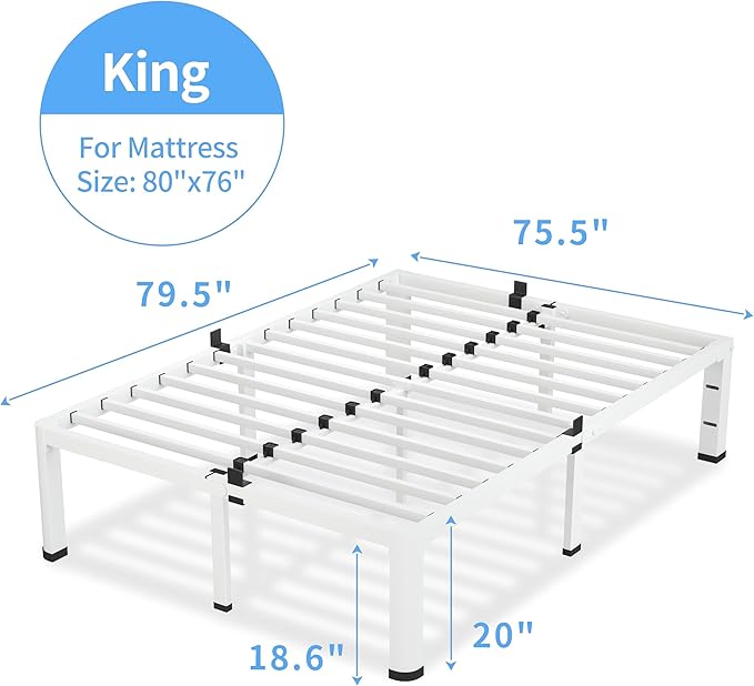 18 Inch King Size White Bed Frame 3500Lbs Heavy Duty Metal Platform with Round Corner Legs Mattress Slide Stopper Steel Slat Support No Box Spring Needed Noise Free Non-Slip Easy Assembly