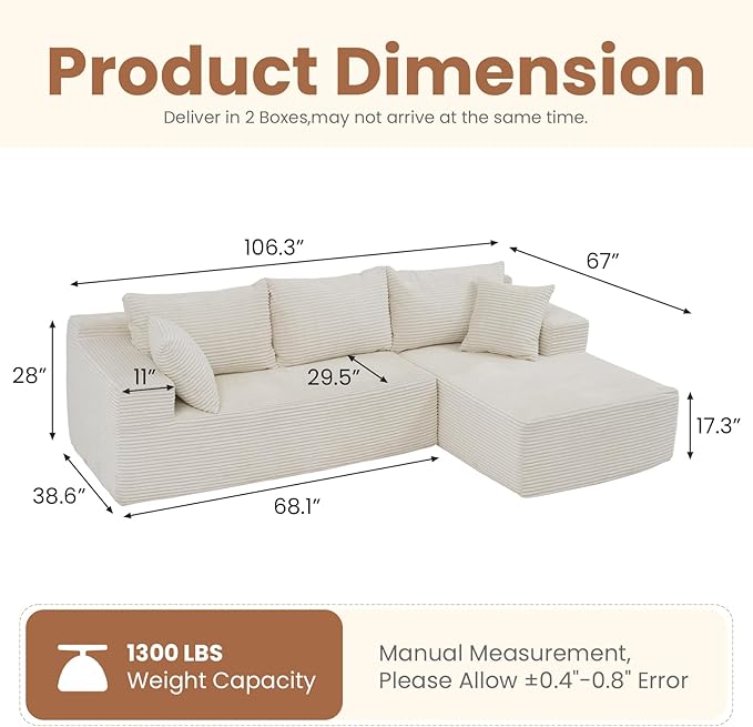 OC Orange-Casual 106.3 Cloud Sectional Couch with L-Shape Chaise No Assembly Required Modular Sofa Upholstered Boneless Couches for Living Room Plush Corduroy Fabric (White Right Facing Chaise)