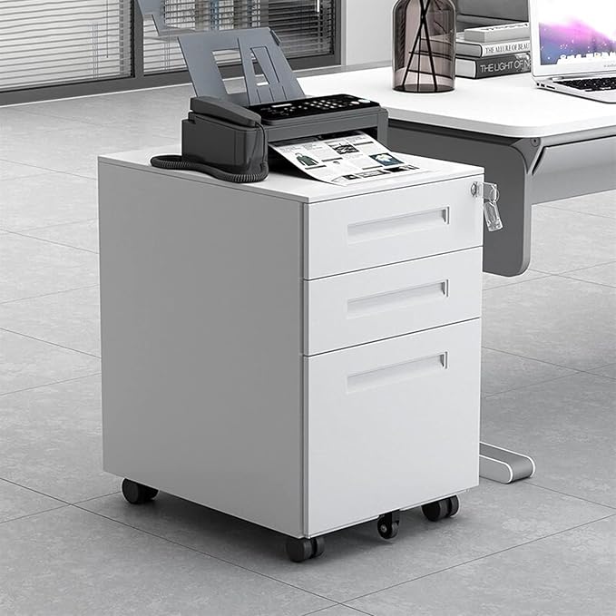 File Cabinet 3 Drawer Metal Mobile File Cabinet with Lock Under Desk Storage(Color:White)