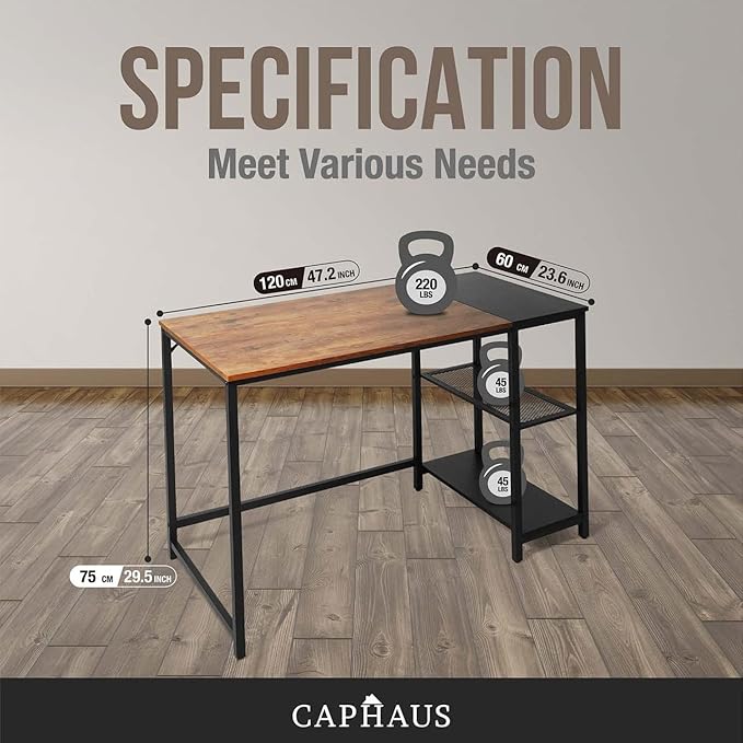 CAPHAUS 47 Inch Computer Desk with 2-Tier Storage Shelves for Home Office &amp Gaming Small Spaces Desk for Bedroom/Office/Dorm Easy Assemble P2 Board &amp Steel Legs Rustic Oak &amp Black (220