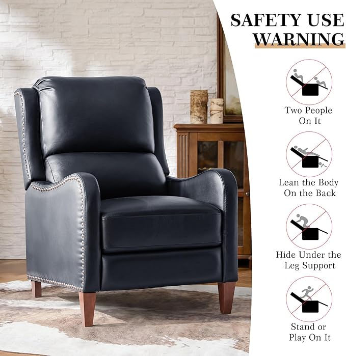 HULALA HOME Genuine Leather Recliner Chair Modern Push Back Recliner Armchair with Thick Seat Backrest &amp Footrest Nailhead Decor for Living Room Bedroom Navy