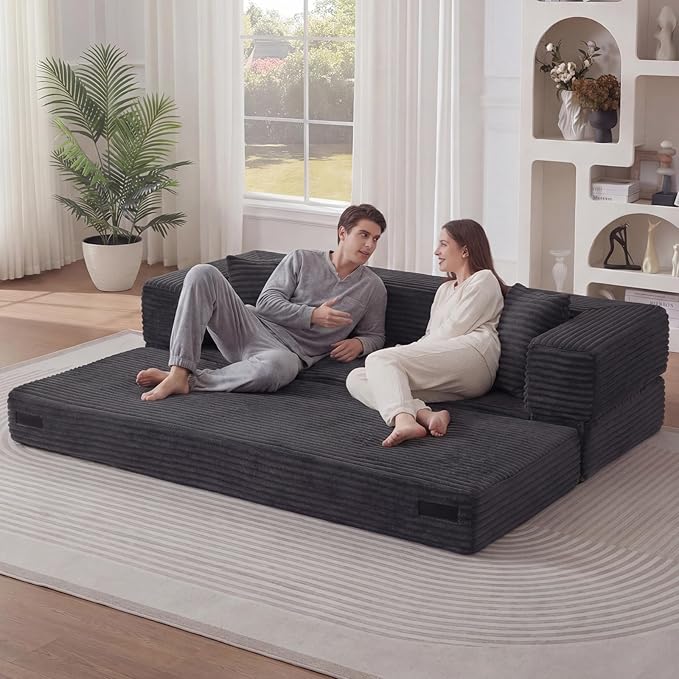 GNIXUU 78.7 Boneless Convertible Sleeper Sofa Bed 4-in-1 Folding Corduroy Futon Couch Bed Oversized Loveseat Modular Floor Mattress Couch for Living Room Bedroom Lounge No Assembly Grey