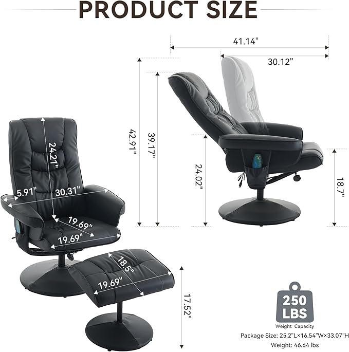 Recliner Chair with Ottoman - 360° Swivel Massage Lounge Chair with 5-Point Vibration and Heated Seat 140° Adjustable PU Leather Recliner for Living Room Home Theater or Office (Black)