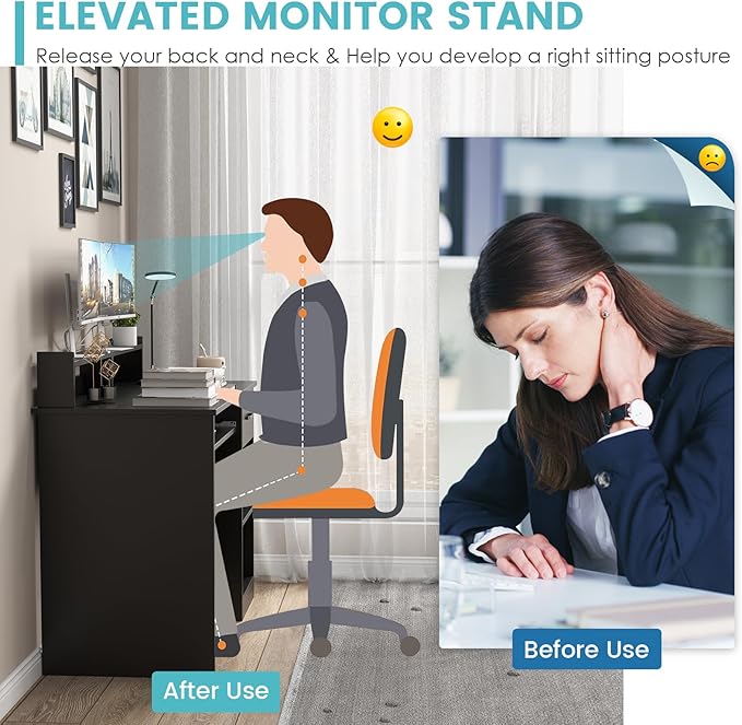 HAPPYGRILL Computer Desk with Monitor Stand Home PC Office Desk with Keyboard Tray Drawer &amp CPU Stand Study Writing Desk Home Workstation Desk with Display Shelf