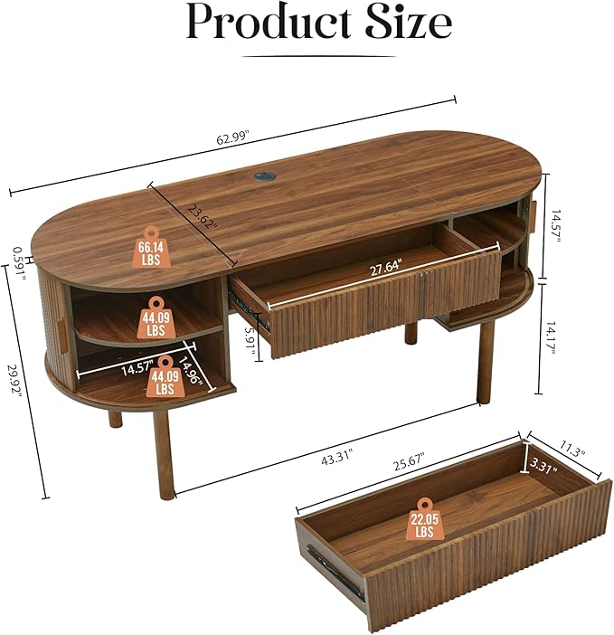 Executive Office Desk with Storage 63 Inch Large Computer Workstation Desk with Drawer and File Cabinets Mid Century Modern Fluted Wood Writing Desk for Home Office Study Room Living Room Walnut
