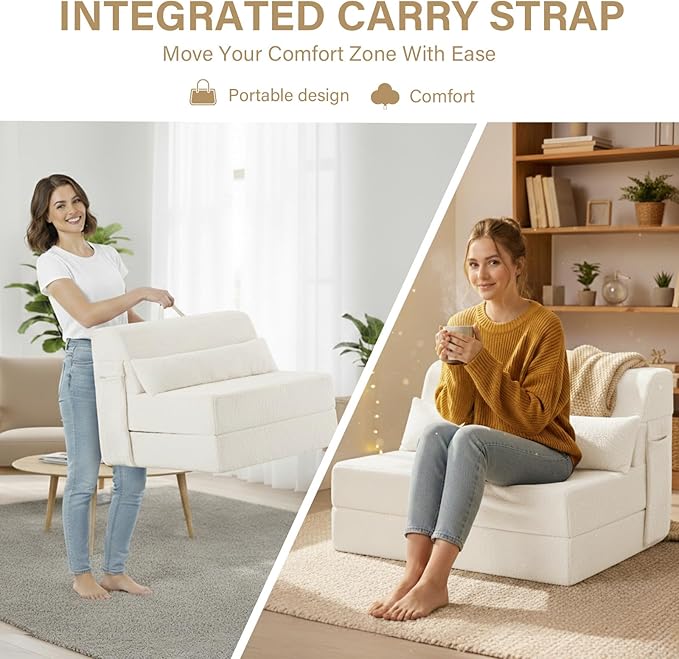 Tiita Convertible Folding Sofa Bed Single Size for Adults with Pillow Plush Fabric Floor Mattress Couch Bed Washable Cover &amp Side Pocket Guest Room Dorm Apartment Living Room Beige