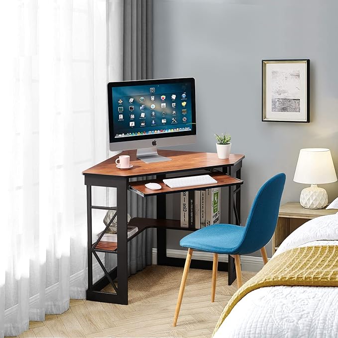 VECELO Corner Computer Desk 41 x 30 inches with Smooth Keyboard &amp Storage Shelves for Home Office Workstation Teak