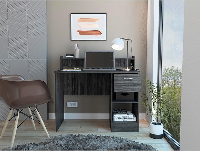 Manaos Writing Computer Desk with Multiple Shelves and One Drawer - Stylish Grey Home Office Furniture