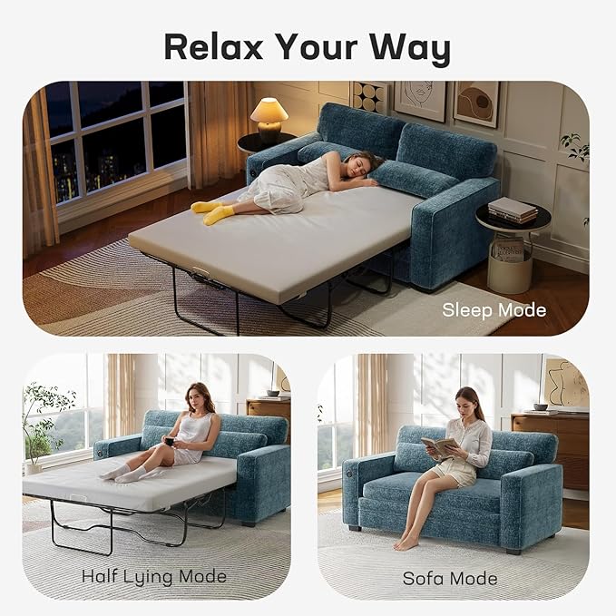 Marsail Pull Out Sofa Bed Queen Size Sleeper Sofa with Memory Foam Mattress 2 USB Charging and Removable Covers Loveseat for Living Room Apartment Supports 600 LBS Chenille Fabric Blue
