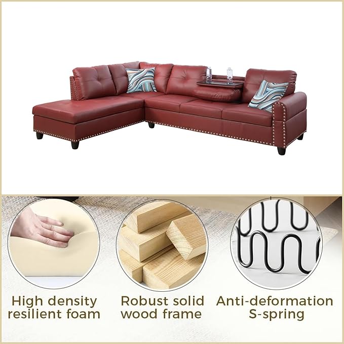 FONTOI Leather Sectional Couch Sofa Modern Nail-Head Design L Shaped Sectional Sofa for Living Room 4 Seat L Couch with Storage Ottoman &amp Cup Holder for Bedroom Apartment Red