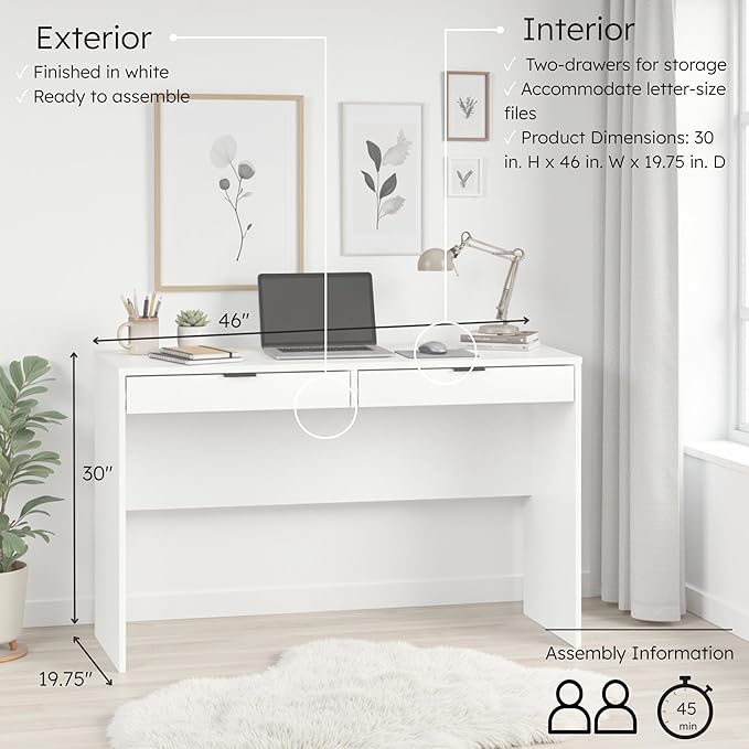 Prepac 46 Writing Desk – Computer Desk with 2 Drawers White Office Desk for Home Office or Bedroom