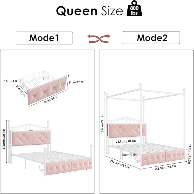 Queen Upholstered Canopy Bed Frame with 2 Drawers &amp Crystal Tufted Storage Headboard Two-Purpose Metal Platform Bed with 4 Removable Posts &amp Charging Station Pink Princess Bed Curtain Not Inc