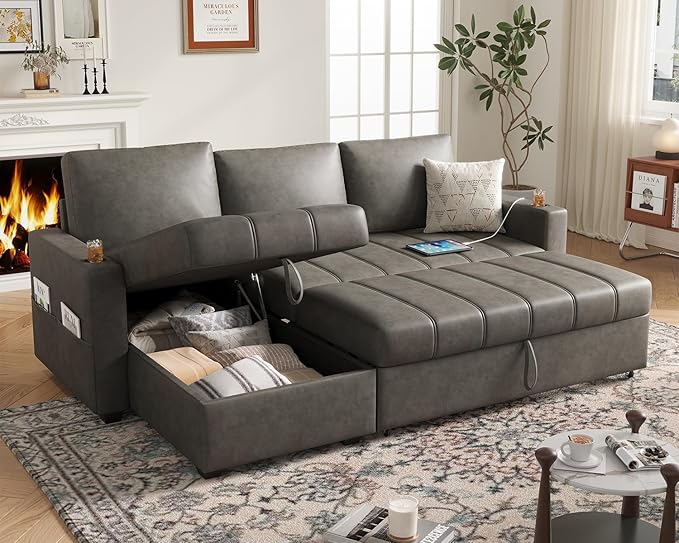 Fadware 89” L Shape Sofa Sleeper Sectional Sofa Bed with Hidden Storage&amp Side Pocket Anti-scratch Faux Leather Couch Bed with ChargePort&amp CupHolder Modern Piano Design Pull Out Couch for Li