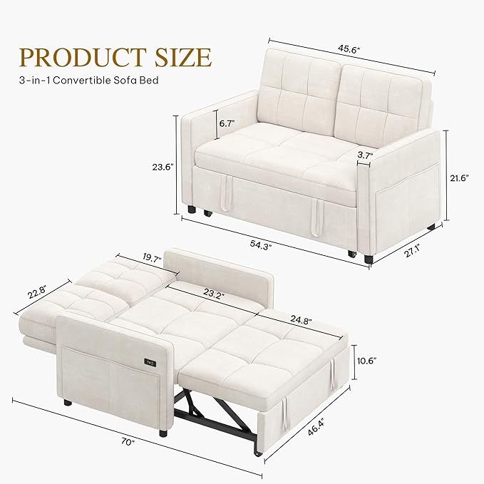 YITAHOME 55 Convertible Sofa Bed 3-in-1 Sleeper Sofa with Pull-Out Bed Cat-Scratch-Proof Futon Couch with 5-Levels Reclining Backrest USB and Side Pocket Modern Loveseat for Living Room Beige