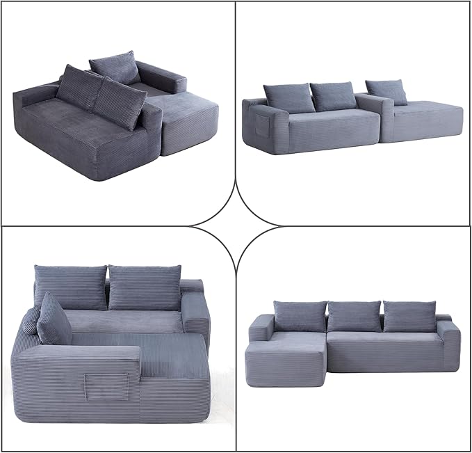 Sectional Couch with L-Shape Chaise 96 Modular Sectional Sofa with Deep Seat Modern Corduroy Couch Lazy Compression Sofa for Living Room No Assembly Required Left Facing Chaise Blue&ampGrey