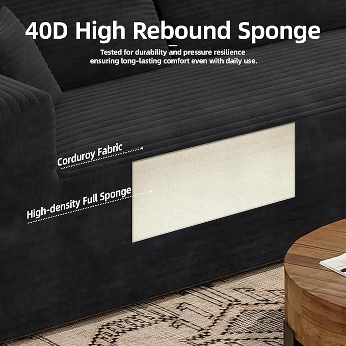 108” Boneless Couches for Living Room L-Shape Modular Sectional Sofa Couches High Rebound Sponge Comfy Fluffy Corduroy Cloud Couch with Oversized Chaise and Deep Seat (Charcoal Black)