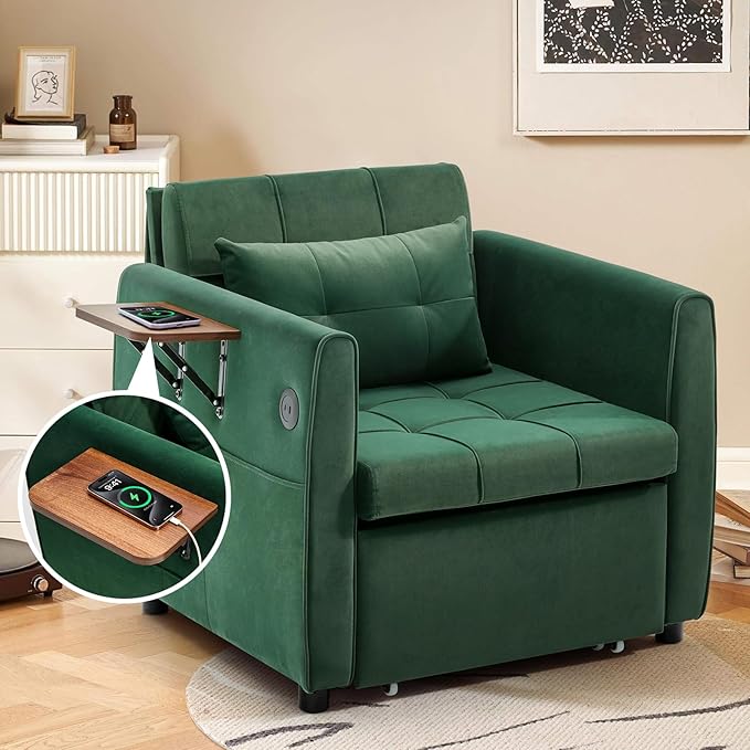 Convertible Sleeper Chair 4 in 1 Pull Out Chair Bed for Adults with Wing Table USB Charging &amp Bottom Storage Space-Saving 90 Single Sofa Bed Chairs for Living Room Dark Gray