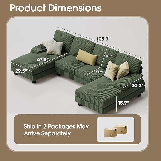 Furmax Sectional Couches for Living Room U-Shaped Sofa Couch with Linen Fabric 4 Seat Sofa Set with Double Chaise for Apartment (Corduroy Dark Green)