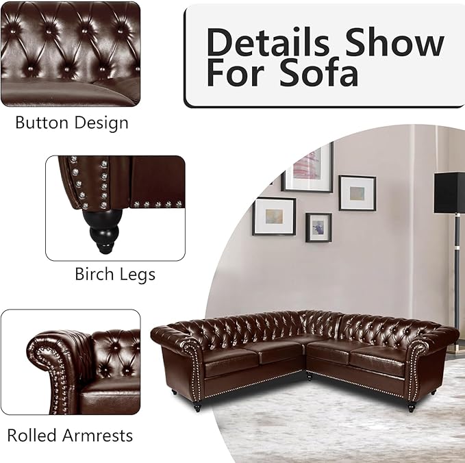 QHITTY Sectional L-Shaped Sofa Chesterfield Faux Leather Couch 5 Seater Upholstered Small Accent Tufted Sofa with Nailhead Design and Rolled Armrest for Living Room Apartment Office (Dark Brown)