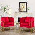 X-VOLSPORT Velvet Accent Barrel Chairs Set of 2 Modern Arm Club Chair Set with Pillow for Living Room/Bedroom/Guest Reception Channel Tufted Gold Finish Base Red
