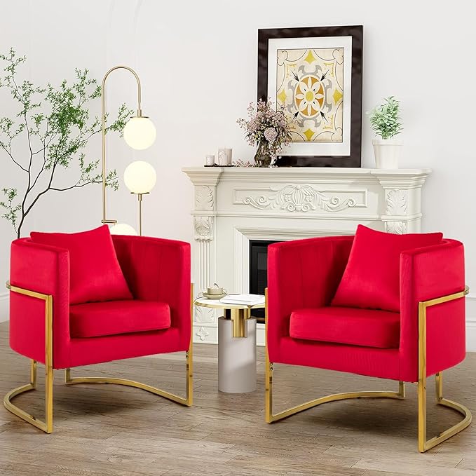 X-VOLSPORT Velvet Accent Barrel Chairs Set of 2 Modern Arm Club Chair Set with Pillow for Living Room/Bedroom/Guest Reception Channel Tufted Gold Finish Base Red