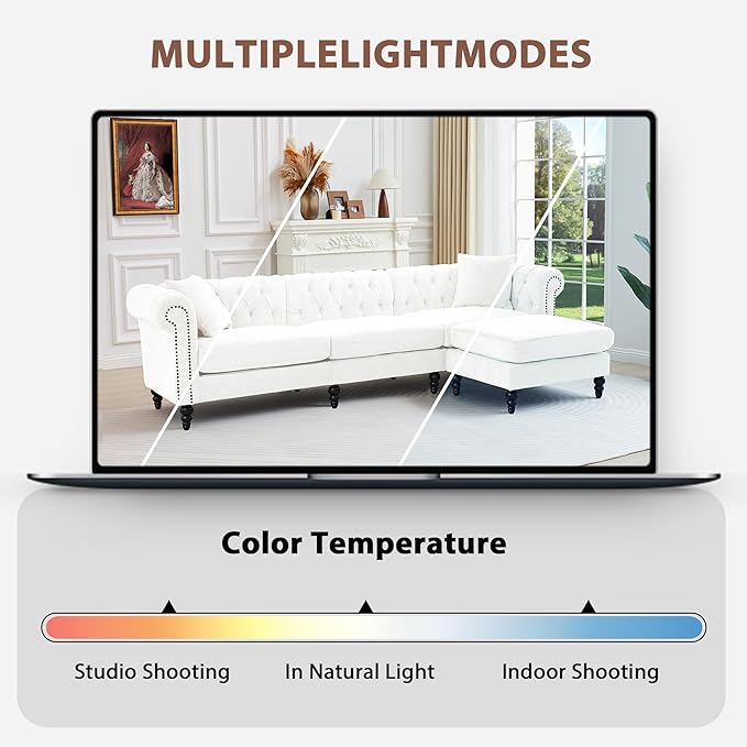 LEVNARY 108” L-Shaped Chesterfield Sectional Couch with Movable Ottoman 4-Seat Couch with Rolled Arms Upholstered in Linen-Like Fabric Mid-Century Tufted Corner Sofa for Living Room Office (White)
