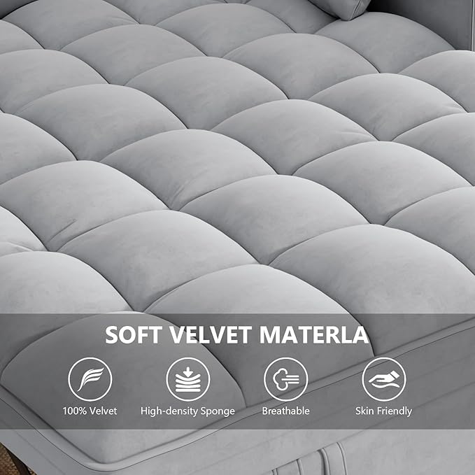 Hommoo 53 Sleeper Sofa Bed Pull Out Couch Convertible 3 in 1 Futon Lounge Sofa Small Love Seat for Living Room Apartment Comfy Velvet Reclining Back with Pillows and Pockets Light Grey