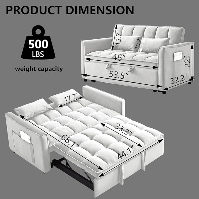 53'' Convertible Sleeper Sofa Bed Modern Velvet Fabric Adjustable Backrest Side Pocket and 2 Pillows 3-in-1 Pull Out Loveseat Couch for Living Room Bedroom Small Spaces Beige