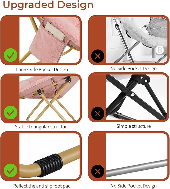 TLSUNNY Comfy Saucer Chair Foldable Lounge Lazy Chair with Ottoman Soft Faux Fur Reading Chair and Footstool for Teens Adults Metal Frame Moon Chair for Living Room Bedroom Dorms X-Large (Pink)