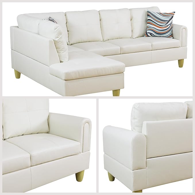 L Shaped Couch Sectional Couches with Chaise 3 Pieces Modular Convertible Sofa for Living Room Furniture Sets and Small Apartment Faux Leather White