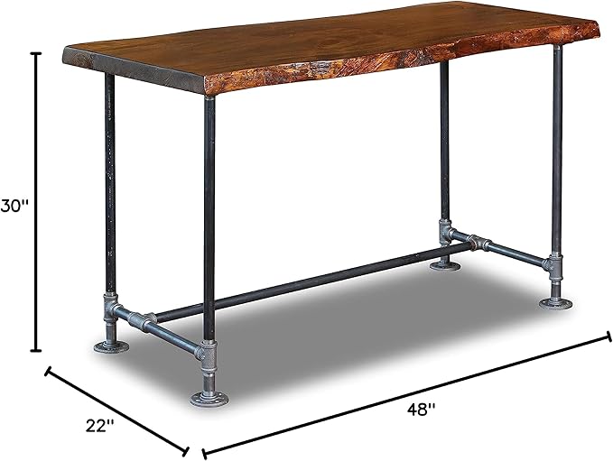 Industrial Pipe Desk Live Edge Top Vintage Table (Honey Pine) — Rustic Live Edge Slab Desk with Steampunk Pipe Legs