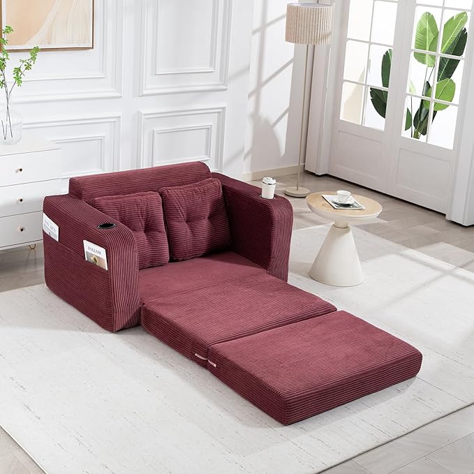 53'' Folding Sofa Bed Boneless Loveseat Sleeper Sofa 2 in 1 Convertible Foldable Pull Out Sofa Bed with Pillows Comfy Cloud Floor Couch for Living Room Small Space No Assembly(Wine Red)