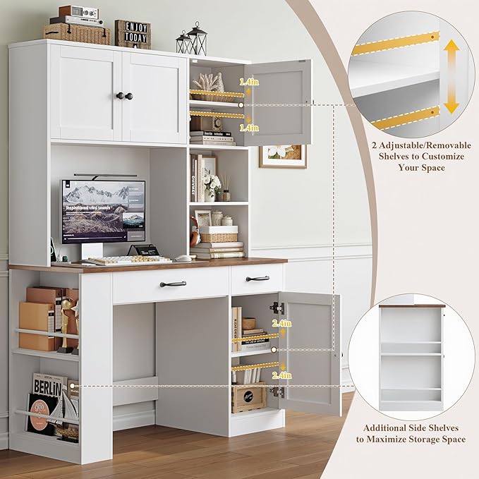 Keyluv 71 Tall Computer Desk with Hutch Cabinet Home Office Desk with Storage Drawers Shelves and Side Rack Wood Executive Desk with Doors Outlet Station and Smart LED Lights White