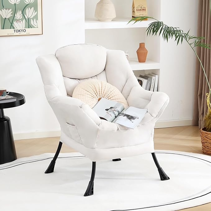 Lazy Chair Large Accent Chair Modern Comfy Armchair Beige Chair for Living Room Bedroom Dorm Room Office Apartment Reading Relaxing Use