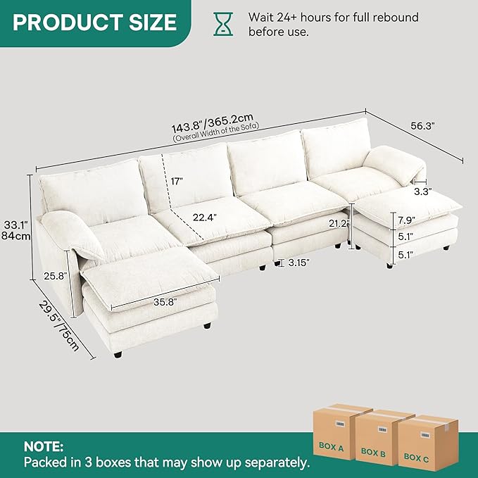 YITAHOME 142 Modular Sectional Sofa with Movable Ottoman Modern U Shaped Couch with Pillow-Armrest Velvet 6 Deep Seat Cloud Couch for Living Room Apartment Office Beige