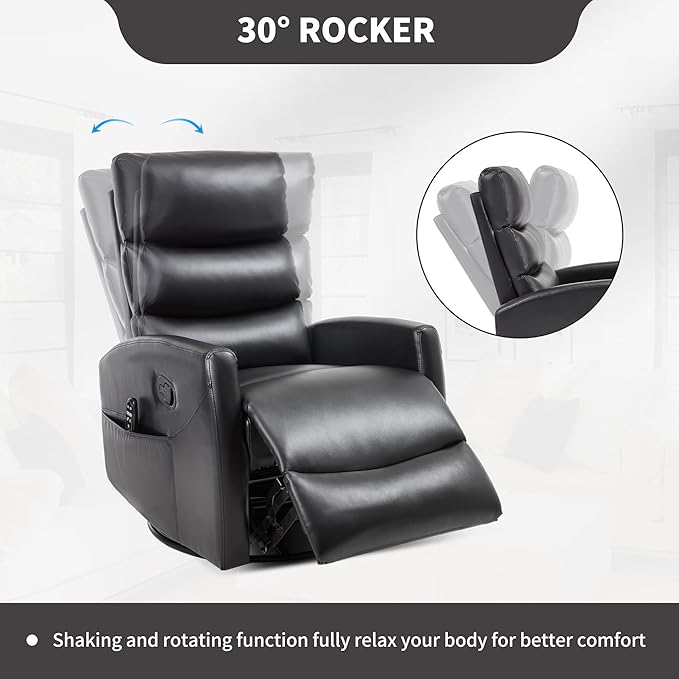 PELUMY 360° Swivel Rocker Recliner with Heat &amp Vibration Massage Glider Rocking Chair for Adults Compact Recliner for Living Room Small Spaces Nursery Bedroom (Breathable Leather Black)