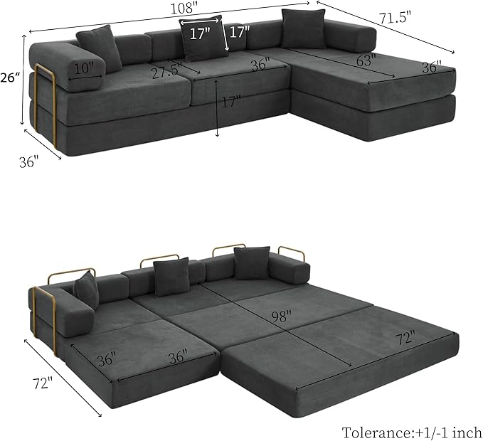HANXIN 108 Modular Sectional Sofa Futon Convertible Sofa BedOversized Corduroy Boneless Couch for Living RoomFloor Loveseat Sleeper with Pull Out BedFree CombinationNo Assembly Required (Grey)