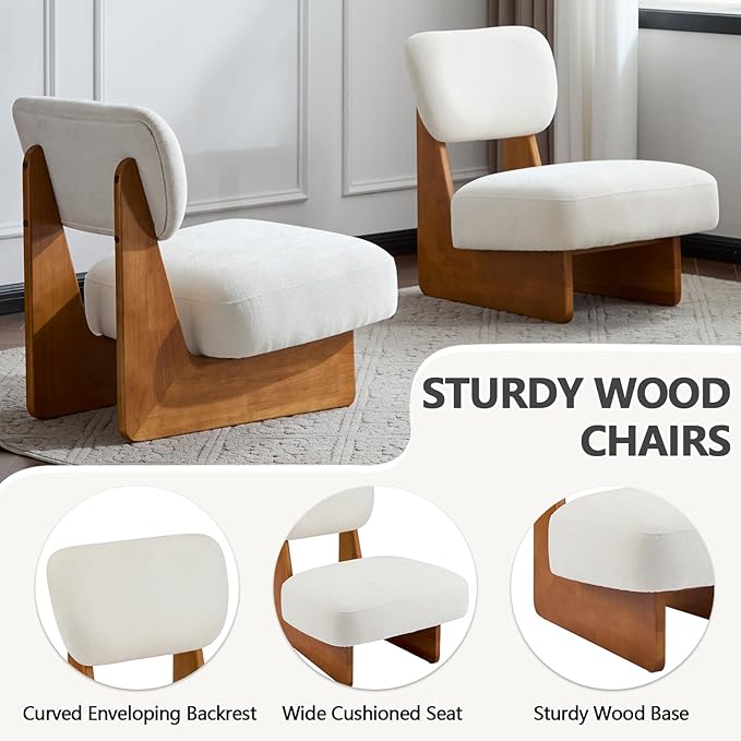 Beige Accent Chair Set of 2 for Small Spaces Armless Accent Chair for Bedroom Side Chairs &amp Comfy Chairs for Living Room Wood Base Comfy Cushion Bedroom Office (Beige+Natural)