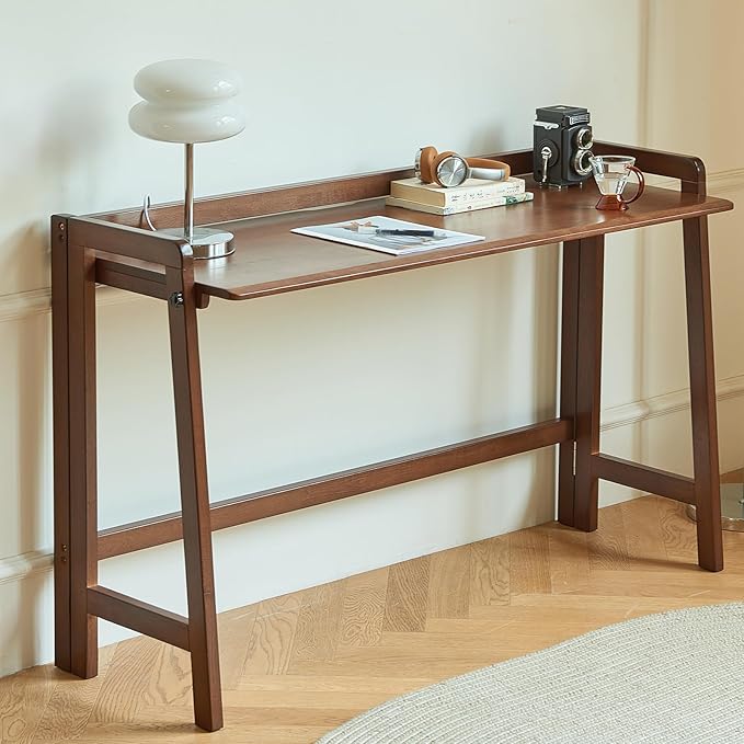 Solid Wood Folding Desk Mid Century Modern Table 47'' Foldable Writing Computer Desk for Home Office Simple Study Makeup Workstation Wooden Study Office Desk Table for Small Spaces Walnut Color