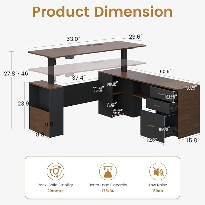 JOMEED 63 L Shaped Electric Standing Desk with Storage Executive Adjustable Height with Power Outlets and Privacy PanelBrown and Black