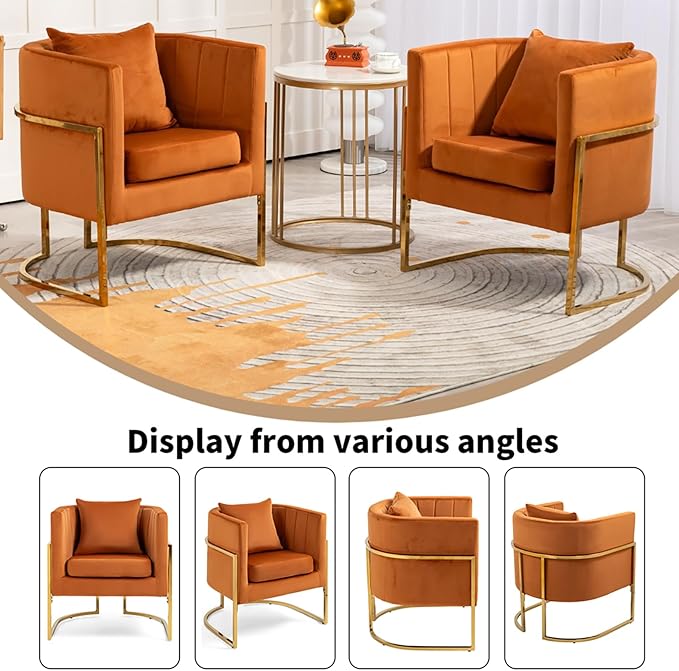 Velvet Modern Living Room Accent Chairs Set of 2 Upholstered Mid-Century Barrel Chairs for Bedroom Side Club Reception Chairs with Gold Metal Legs Orange