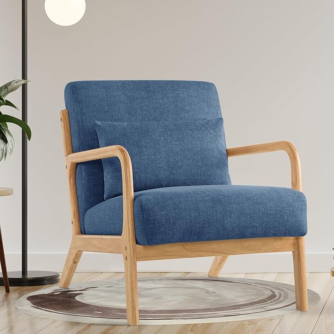 Mid Century Modern Accent Chair with Lumbar Pillow Upholstered Chair for Living Room Accent Chair with Solid Wood Frame Reading Chair Armchair for Bedroom Small Spaces Blue