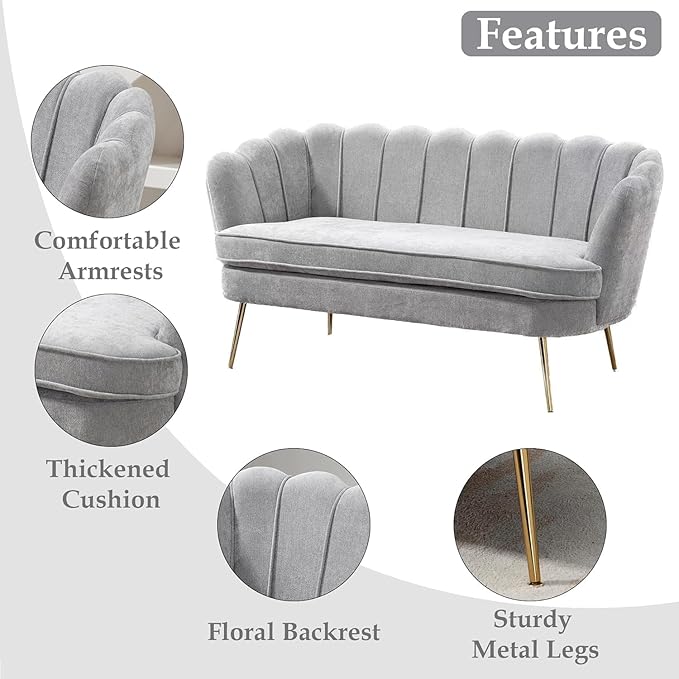 59 Wide Modern Boucle Loveseat 2-Seater Sofa with Gold Metal Legs for Small Space Office Studio Apartment Bedroom (Light Gray.)