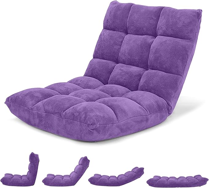 Giantex Floor Chair with Back Support 14 Adjustable Position Padded Sleeper Bed Couch Recliner Folding Gaming Floor Chairs for Adults Living Room Bedroom Yoga Meditation Purple